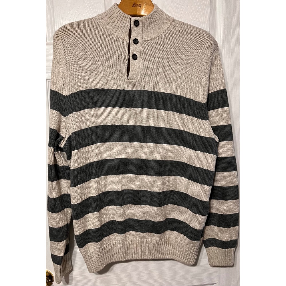 Chaps Mens XXL Mock Neck Striped Button Sweater Elbow Patches Oatmeal Grey NEW